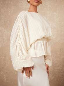 Lumalex Early Spring Boat Neck Puff Sleeve Gathered Waist Elastic Blouse For Women Vacation Birthday Outfits Wedding Guest Wedding Party Summer Holiday Beach Outfits Luxury Look QuietLuxe Prom Gathering Party Banquet Modest Old Money Rave Festival Richly Layered Al-Adha Party - Light Yellow - View 7