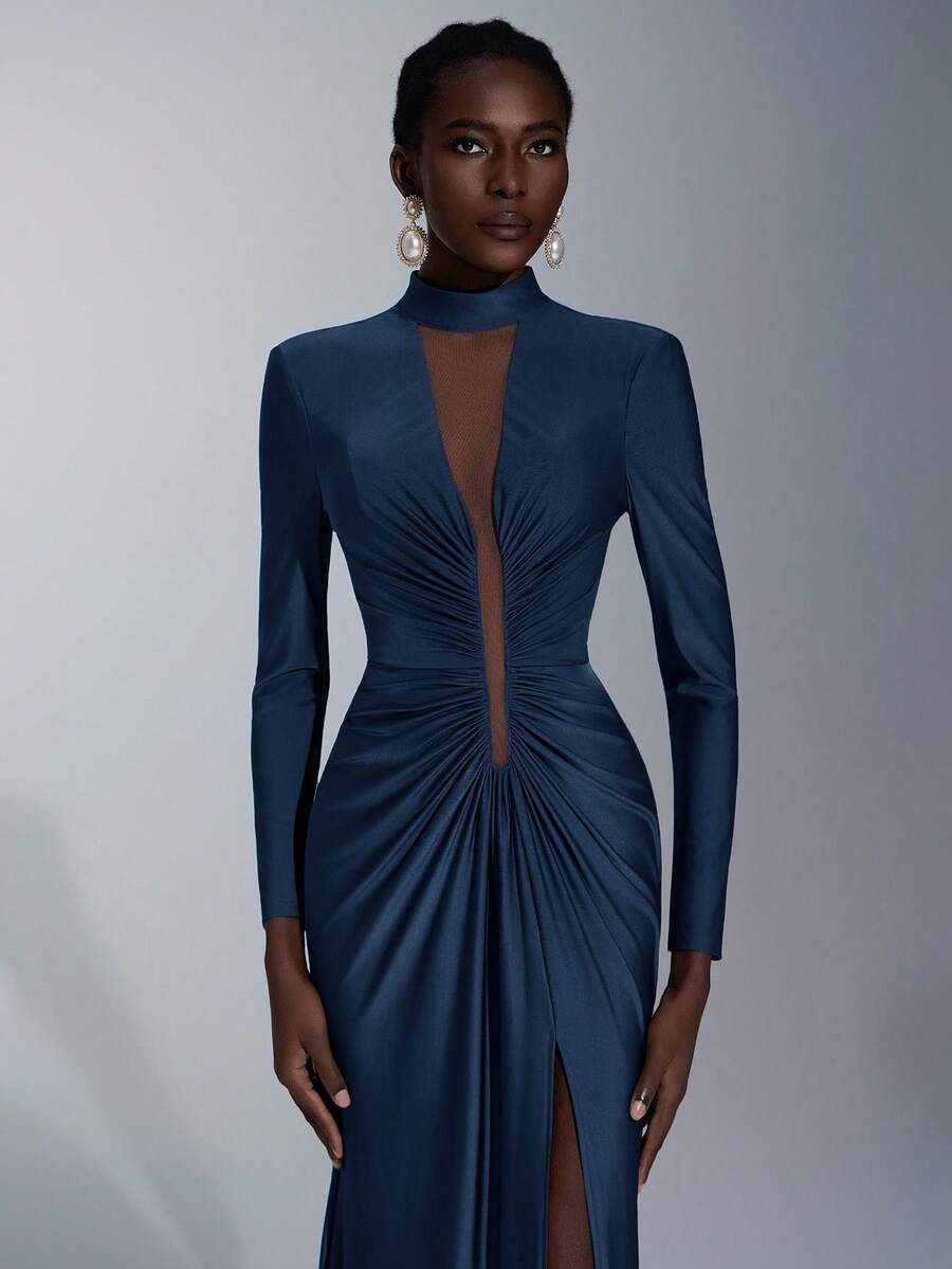 Elitara 优雅设计针织立领性感深 V 直肩长袖美人鱼下摆拉链连衣裙，适合海滩、户外、鸡尾酒会、下午茶、婚礼、宴会、商务活动等场合 - 藏蓝色 - 查看 1