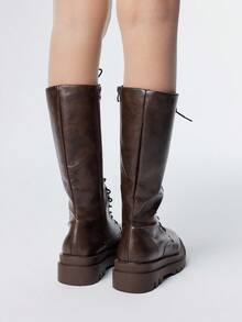 ROMWE Goth Women's Knee-High Boots Fashionable Lace-Up Thick-Soled Chunky Heel Women's Boots For Christmas - Brown - View 8