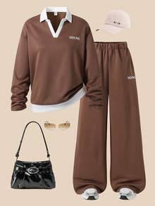 Casuvi Kids SHEIN KIDS 2pcs/Set Teenage Girls Fashion Casual Long Sleeve V-Neck Sweatshirt With Letter Print Design And Loose Fit Side Pocket Straight Leg Pants, Suitable For Christmas, Halloween, Autumn/Winter - Coffee Brown - View 1