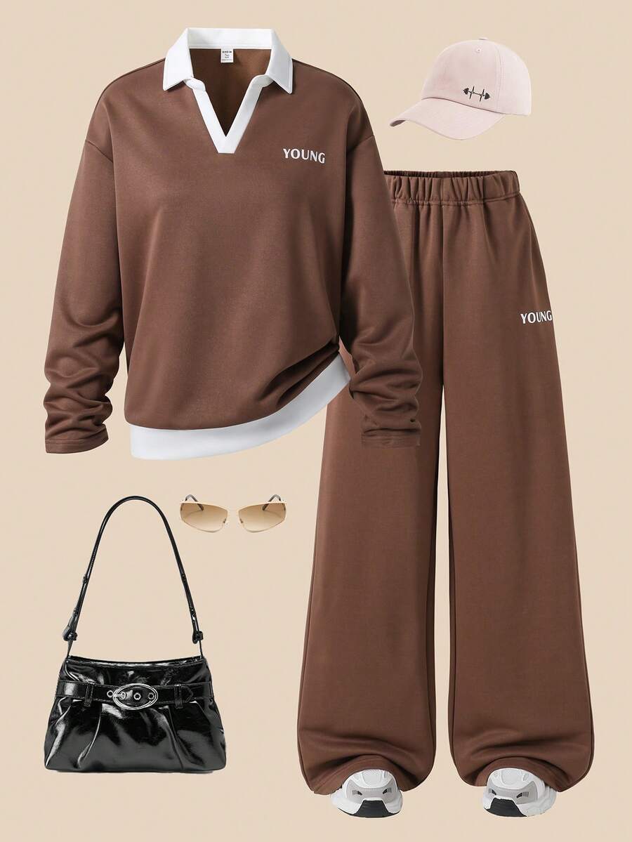 Casuvi Kids SHEIN KIDS 2pcs/Set Teenage Girls Fashion Casual Long Sleeve V-Neck Sweatshirt With Letter Print Design And Loose Fit Side Pocket Straight Leg Pants, Suitable For Christmas, Halloween, Autumn/Winter - Coffee Brown - View 1
