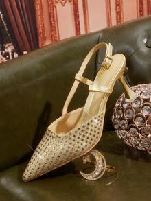 CUCCOO TILAWA Rhinestone Embellished Women's High Heel Pumps, Comfortable For Commuting For Christmas - Gold - View 2