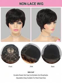 精灵短款假发，带仿头皮，直发，Remy 彩色真人发，机织短假发，自然黑色，女士假发