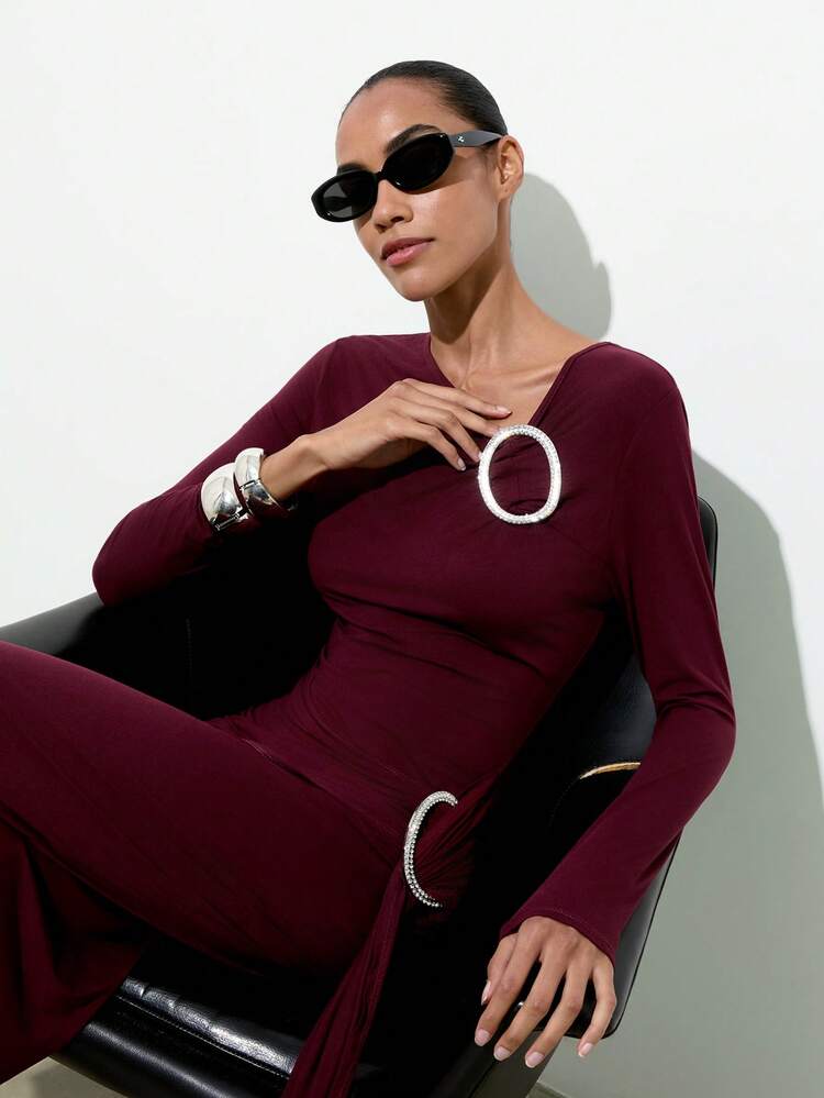 SHEIN Maija Women's Elegant Solid Color Dress, Suitable For Party Burgundy Dress For Women Women Long Sleeve Dress Maroon Dress Wine Dress