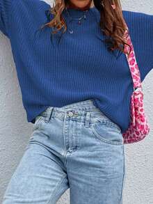 EMERY ROSE Suéter holgado de punto acanalado de unicolor minimalista para mujer, otoño/invierno - Azul - Ver 3