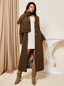 Lyxana Women's Mid-Length Overcoat With Large Buttons - Coffee Brown - View 4