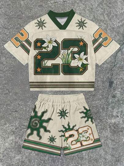 Manfinity Roghcode Set de camiseta y pantalones cortos de moda para hombre, apropiado para el verano