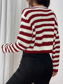 SHEIN PETITE Women's Casual Striped Long Sleeve Single-Breasted Knitted Cardigan, Autumn/Winter - Red and White - View 2