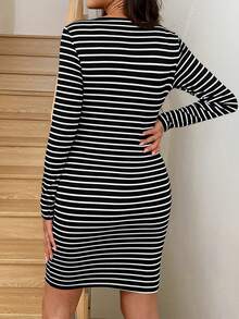 SHEIN Fall Clothes,Autumn Clothes,Maternity Autumn/Winter Clothes Maternity Maternity V-Neck Raglan Sleeve Casual Half-Placket Striped Dress - Black - View 2
