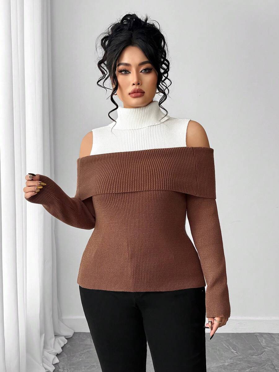 Elenzga كنزة صوفية نسائية كبيرة الحجم من قطعتين بياقة عالية وكتف مكشوف، بتصميم ألوان متباينة مصنوعة من الأقمشة المحبوكة - متعدد الألوان - مشاهدة 1
