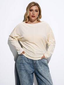 Maija 大码女式纯色简约长袖上衣，日常穿着 - 米色 - 查看 4