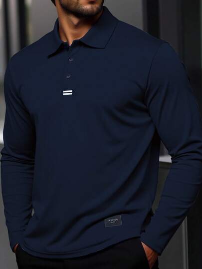 Manfinity Homme Plus Size Men's Casual Long Sleeve Loose Fit Polo Shirt Polo Shirts For Men Collar Men Golf Shirt Long Sleeve Polo Men Navy Blue Polo Men