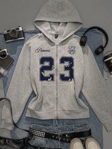 SHEIN EZwear Sudadera con capucha con cremallera de punto gris Attitoon, estilo universitario con patrón de insignia, talla 23, sudadera casual y elegante para mujer para otoño/invierno