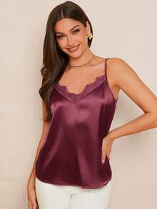 Amorya Damska satynowa koszulka z koronkowym wykończeniem, elegancka koszula bez rękawów, uniwersalna do noszenia wiosną/latem lub pod kurtkami jesienią/zimą, odpowiednia do codziennych dojazdów do pracy