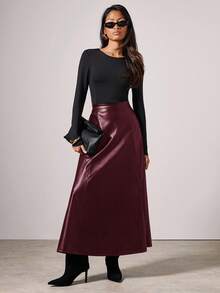 COSMINA Saia Longa de PU com Folha de Lótus de Cor Sólida e Elegante, Outono/Inverno - Vinho - Visão 2