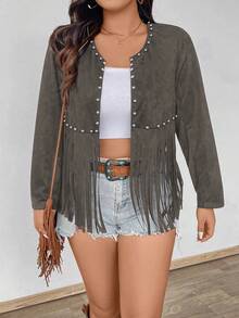 EMERY ROSE Chaqueta talla grande con cuentas de burbuja en el frente y bajo con flecos, de manga larga - Gris Oscuro - Ver 5