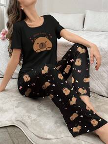 2pcs Cute Animal Print Short Sleeve Pajama Set - Multicolor - View 1