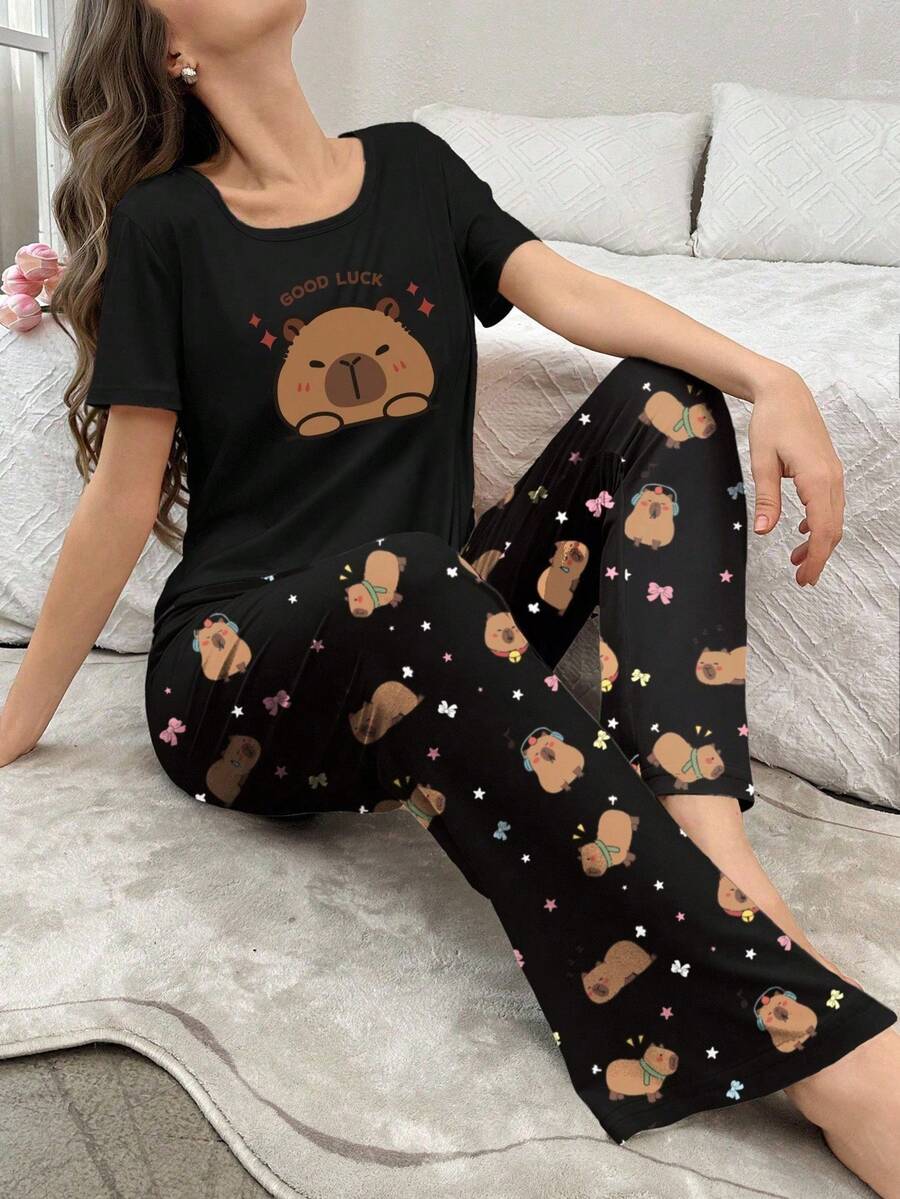 2pcs Cute Animal Print Short Sleeve Pajama Set - Multicolor - View 1