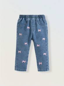 SUMWON 女婴牛仔裤，粉色星星刺绣，幼儿松紧腰裤 - 中等水洗藍 - 查看 1