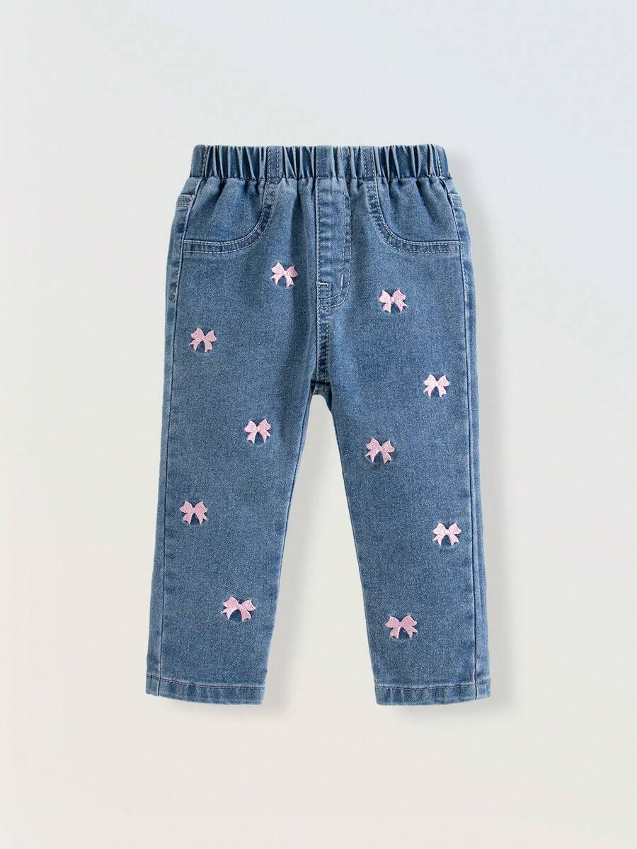 SUMWON 女婴牛仔裤，粉色星星刺绣，幼儿松紧腰裤 - 中等水洗藍 - 查看 1