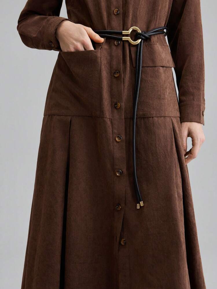 Women's Brown Acetate Rayon Twill Utility Dress With Pockets,Flared Hem,Modest Business Casual Office Wear,Shades Of Brown,Autumn,Elegent,Everyday