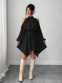 Elenzga 大码女装纯色新款褶皱吊带长袖圆领弹力腰身不对称下摆灯笼袖蝴蝶结约会之夜精致时尚优雅休闲宽松简约浪漫连衣裙 - 黑色 - 查看 4