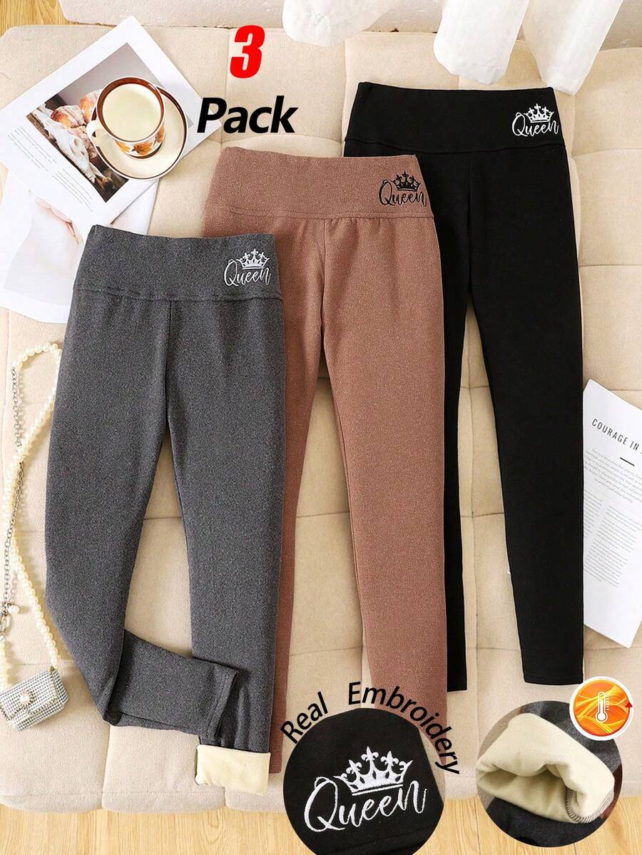 SHEIN 3件套少女百搭保暖打底裤,高腰修身保暖裤袜,黑/灰/粉三色可选,柔软舒适,适合休闲和居家穿着。 - 彩色 - 查看 1