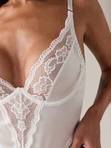 SHEIN BAE Lace Patchwork Slim Fit Spaghetti Strap Women Sexy Bodysuits, Going Out - White - View 5