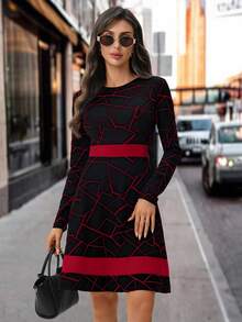 Editum 几何印花A字长袖连衣裙，黑色撞色连衣裙，女士秋冬连衣裙 - 紅色和黑色 - 查看 6