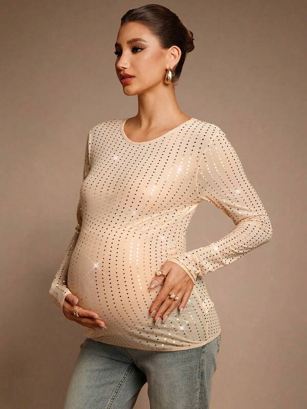 MaterniChic Autumn And Winter Sequin Patchwork Crew Neck Fitted Long Sleeve Maternity T-Shirt Sequin Top