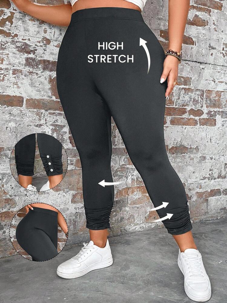 Plus Size Women Solid Color Elastic Waist Pleated Button Design Casual Leggings