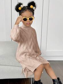 Young Girl Solid Stand Collar Fitted Casual Sweater Dress - Khaki - View 3