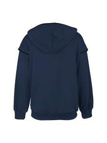 GlowEve Damen Lässig Kontrast Saum Kordelzug Kapuzen Sweatshirt, Herbst - marineblau - Übersicht 2