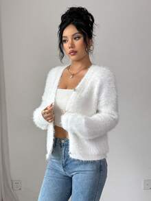 Elenzga 女士优雅仿皮草开衫，珍珠V领圣诞派对舒适V领秋冬毛绒奢华针织毛衣，白色 - 白色 - 查看 5