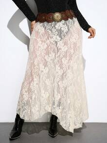 Maija 大码女式半透明蕾丝面料舒适柔软喇叭蕾丝半身裙，优雅百搭，适合所有季节，是秋冬季必备单品，时尚都市休闲商务装，机场、社交派对皆宜。 - 米色 - 查看 6