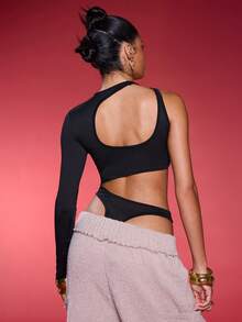 Normani Women's Spring/Summer Solid Color Round Neck Long Sleeve One Shoulder Hollow Out Sexy Slim Bodysuit - Black - View 2