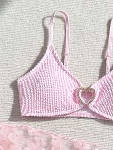 SHEIN 3Pcs/Set Teen Girls' Plain 2-Piece Stylish Swimsuit With Ruffle Edge Trim Summer Holiday