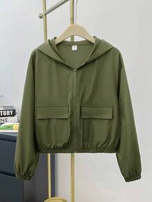 SHEIN Teen Girl Solid Color Patch Pocket Loose Fit Casual Hooded Jacket Teen Jacket Girls Cute Jacket Cropped Jacket Jacket Zip Up Jacket Girl - Army Green - View 10