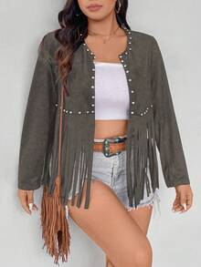 EMERY ROSE Chaqueta talla grande con cuentas de burbuja en el frente y bajo con flecos, de manga larga - Gris Oscuro - Ver 3