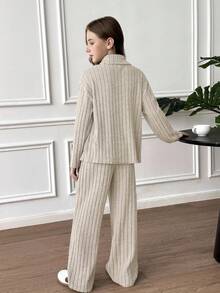 SHEIN مجموعة ملابس علوية كم طويل رقبة عالية مضلع مناسب وبنطال ساق واسعة مريح للفتيات المراهقات، للعودة إلى المدرسة، للارتداء اليومي أو التنسيق مع طبقات أخرى - كاكي - مشاهدة 9