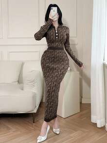 Feyla 女式几何图案领扣设计毛衣和长款针织中长裙两件套，适合秋冬两件套 - 咖啡棕 - 查看 3