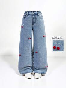 SHEIN Explorewe Tween Girls Y2K 时尚水洗蓝色水钻樱桃图案牛仔裤，阔腿休闲牛仔裤，适合城市漫步、日常时尚、OOTD、外出、上学、通勤、派对，2025 年秋季新品 - 中等水洗藍 - 查看 3