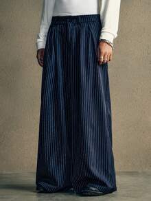 AXEPEAK 男士街头时尚宽松条纹印花裤，秋季 - 藏蓝色 - 查看 4