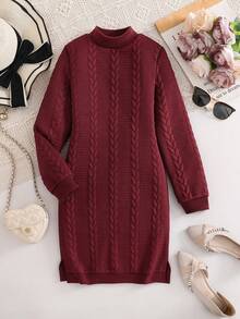 Elladie kids 青少年女孩勃艮第红色纹理面料简约长袖圆领圣诞派对连衣裙 - 酒紅色 - 查看 2