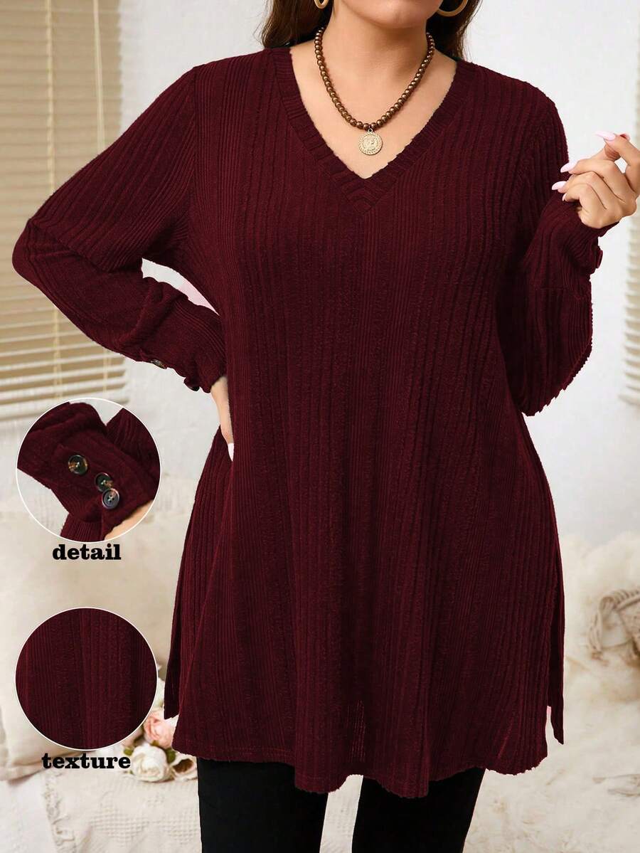 EMERY ROSE Camiseta casual holgada de mujer de talla grande con cuello en V, manga larga y diseño de botones acanalados - Burdeos - Ver 1