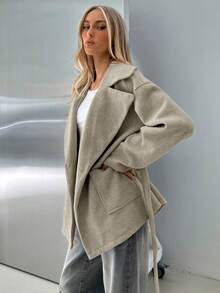 Aloruh Women's Thick Khaki Turndown Collar Pocket Loose Overcoat, Suitable For Autumn/Winter,Cozy Fall And Winter Clothes For Women - Light Grey - View 7