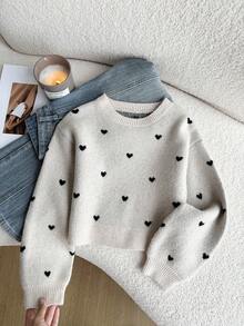 Sparklyn 青少年女孩毛衣，卡其色长袖毛衣，绣有爱心图案，秋冬穿着舒适，适合上学、日常生活、派对等各种场合。百搭又超值。