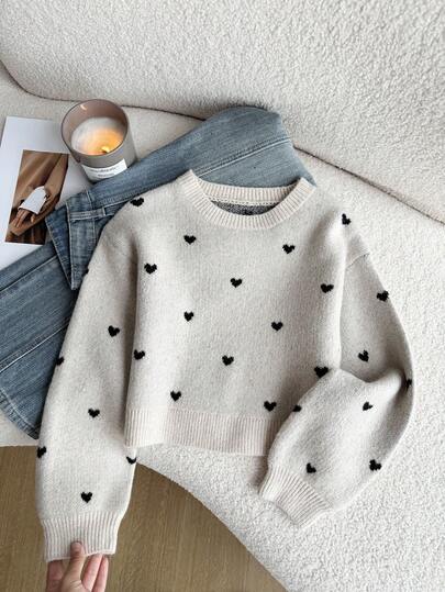 Sparklyn 青少年女孩毛衣，卡其色长袖毛衣，绣有爱心图案，秋冬穿着舒适，适合上学、日常生活、派对等各种场合。百搭又超值。