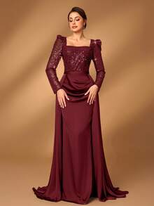 Serin 优雅奢华珍珠亮片拼接缎面透明长袖美人鱼长裙，喇叭下摆，适合婚礼、派对、度假、庆典、新娘母亲礼服（重装饰） - 酒紅色 - 查看 7