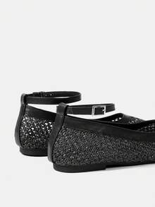 Zapatos casuales de mujer con punta puntiaguda, de tela tejida, color marrón café, cómodos para uso diario, fiestas, playa, con diseño de cordones - Negro - Ver 5